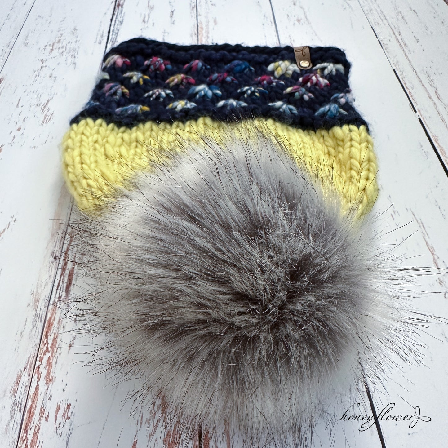 Lotus Flower brim hat with pom | blue & yellow | 100% merino wool