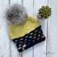 Lotus Flower brim hat with pom | blue & yellow | 100% merino wool