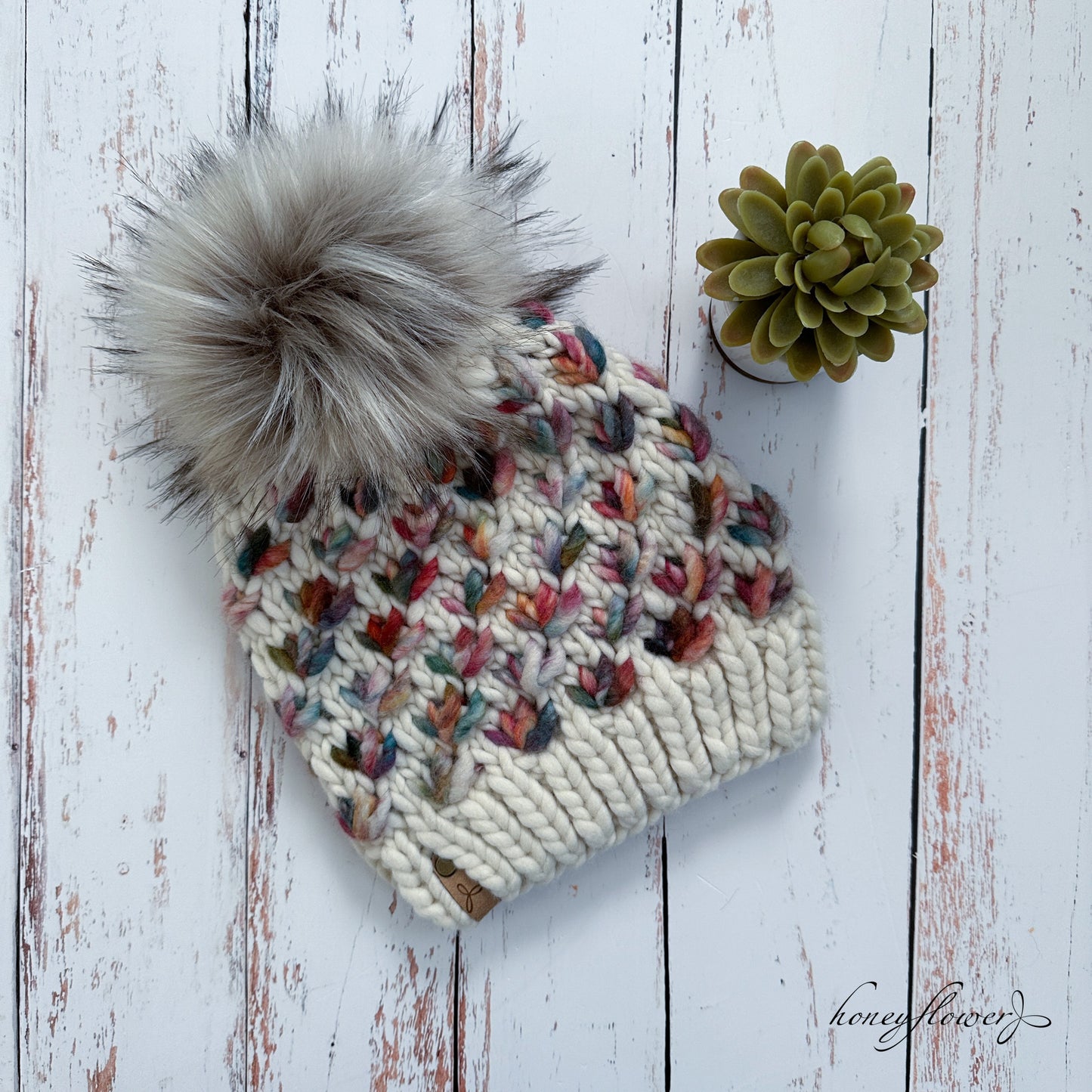 Lotus Flower beanie with pom | jewel tones and cream | 100% merino wool