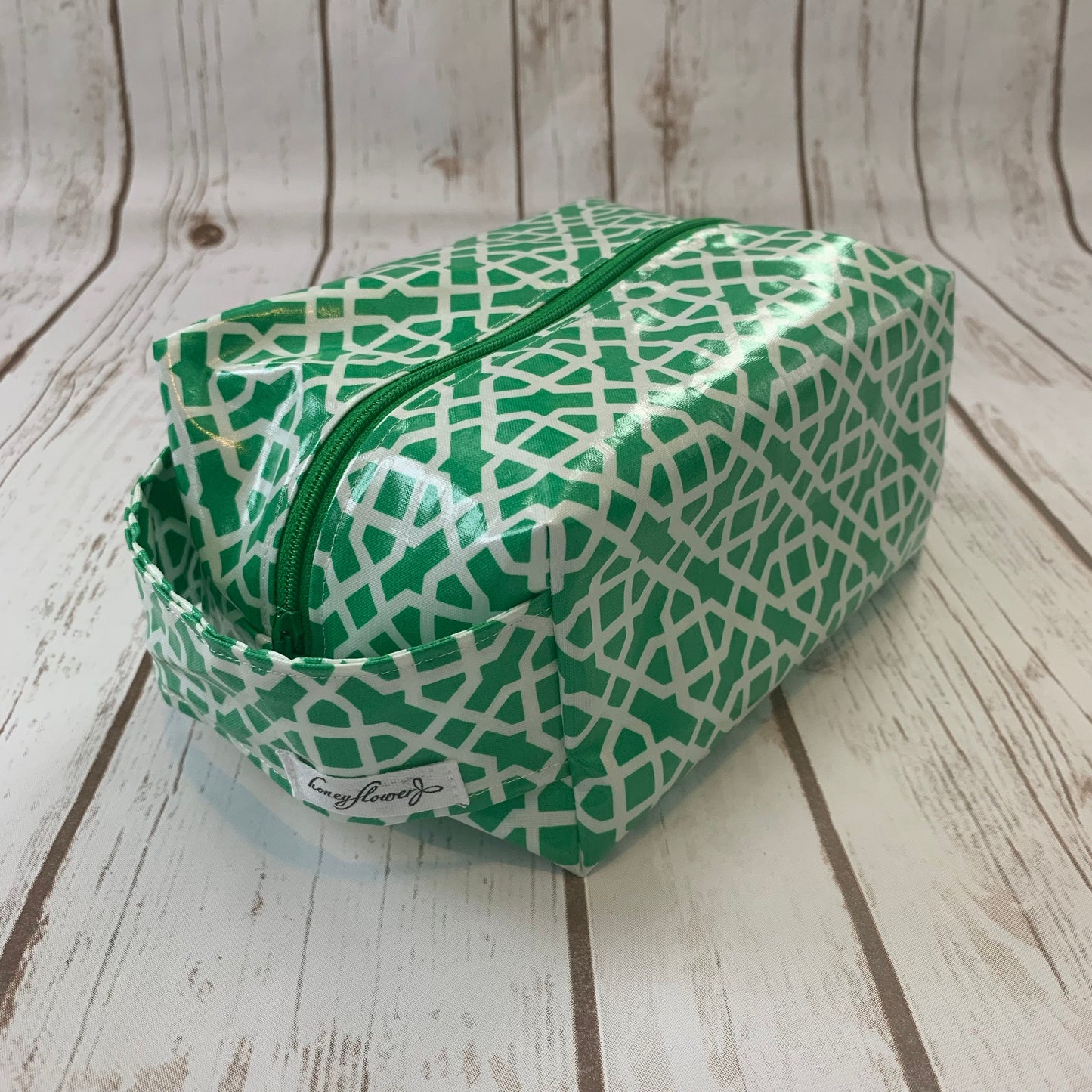 Zip Box Bag - water resistant cotton laminated zippered box bag - emerald green and white geometric